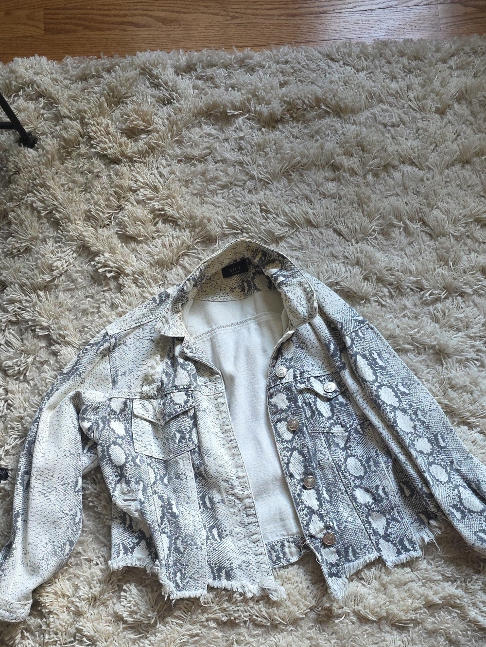 Vici Cream and Gray Snake-Print Denim Jacket